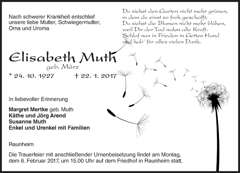  Traueranzeige für Elisabeth Muth vom 28.01.2017 aus Trauerportal Rhein Main Presse