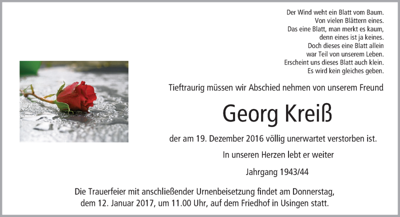  Traueranzeige für Georg Kreiß vom 09.01.2017 aus  Usinger Anzeiger