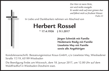 Traueranzeige von Herbert Rossel von Trauerportal Rhein Main Presse