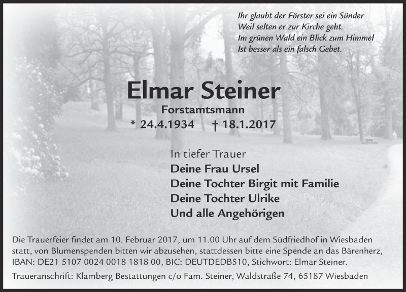  Traueranzeige für Elmar Steiner vom 28.01.2017 aus Trauerportal Rhein Main Presse