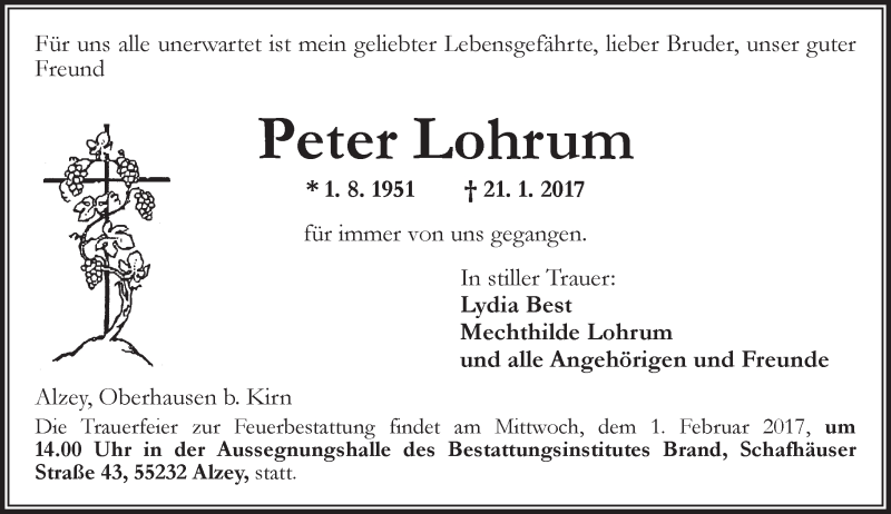  Traueranzeige für Peter Lohrum vom 28.01.2017 aus Trauerportal Rhein Main Presse