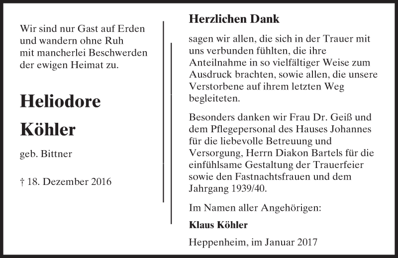  Traueranzeige für Heliodore Köhler vom 07.01.2017 aus Trauerportal Echo Online