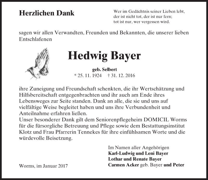  Traueranzeige für Hedwig Bayer vom 26.01.2017 aus Trauerportal Rhein Main Presse