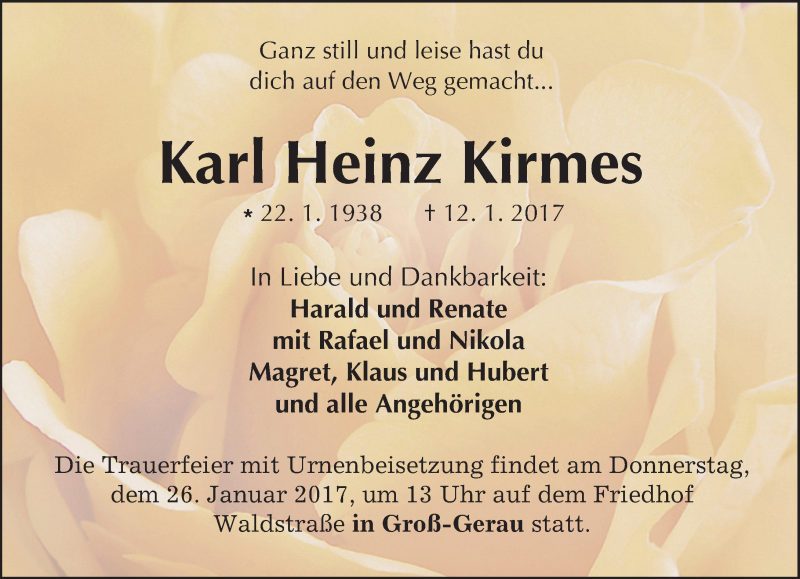  Traueranzeige für Karl Heinz Kirmes vom 21.01.2017 aus Trauerportal Echo Online