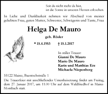Traueranzeige von Helga de Mauro von Trauerportal Rhein Main Presse