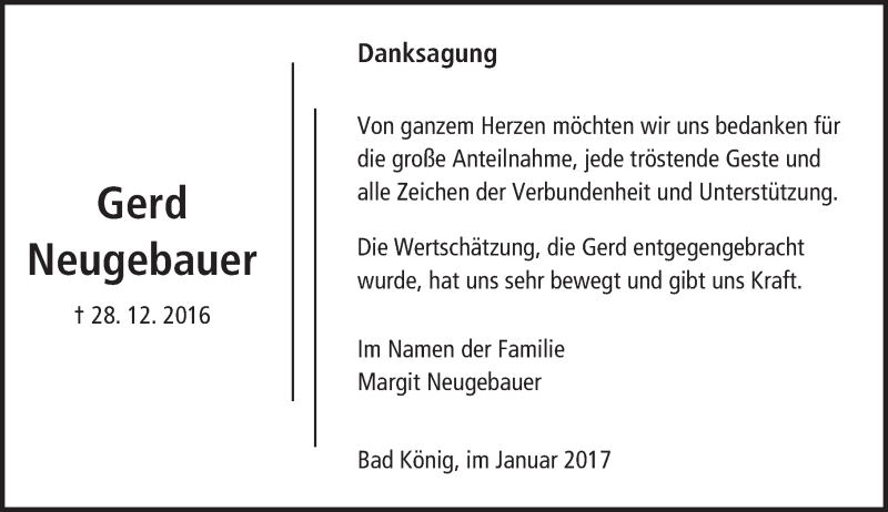  Traueranzeige für Gerd Neugebauer vom 28.01.2017 aus Trauerportal Echo Online