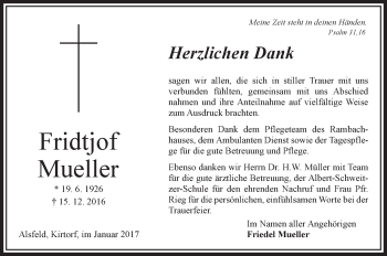 Traueranzeige von Fridtjof Mueller von VRM Trauer