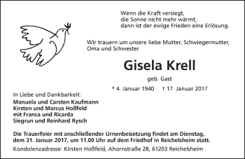 Traueranzeige von Gisela Krell von  Kreisanzeiger