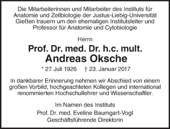 Traueranzeige von Andreas Oksche von  Gießener Anzeiger