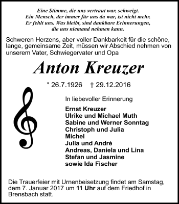 Traueranzeige von Anton Kreuzer von Trauerportal Echo Online