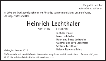 Traueranzeige von Heinrich Lechthaler von Trauerportal Rhein Main Presse