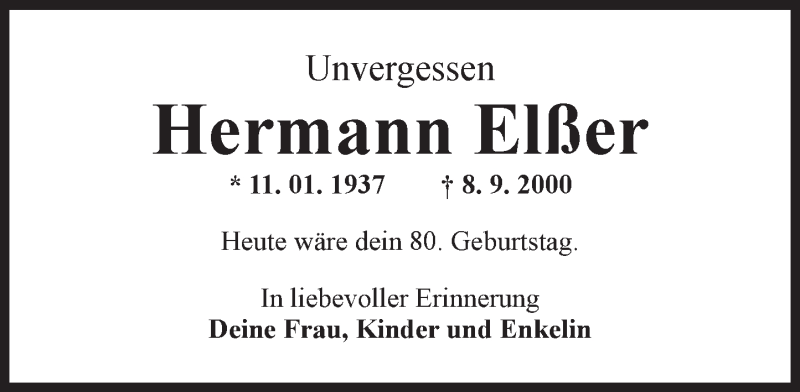  Traueranzeige für Hermann Elßer vom 11.01.2017 aus Trauerportal Rhein Main Presse