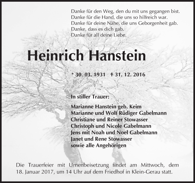  Traueranzeige für Heinrich Hanstein vom 17.01.2017 aus Trauerportal Echo Online