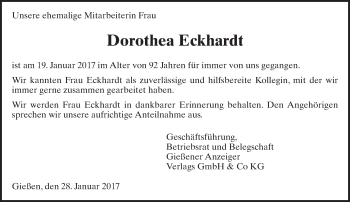 Traueranzeige von Dorothea Eckhardt von  Gießener Anzeiger
