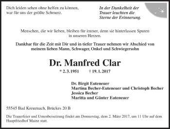 Traueranzeige von Manfred Clar von Trauerportal Rhein Main Presse