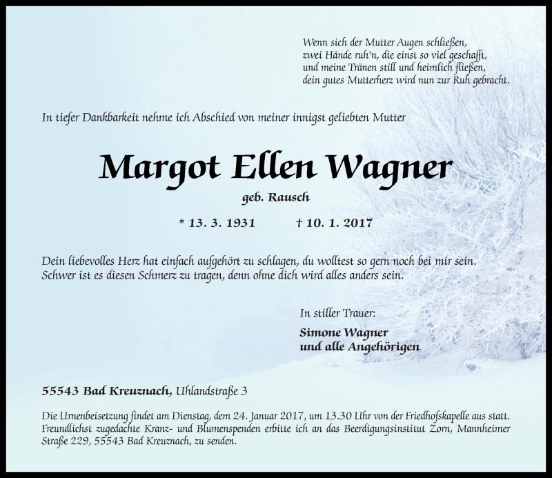 Traueranzeige für Margot Ellen Wagner vom 21.01.2017 aus Trauerportal Rhein Main Presse