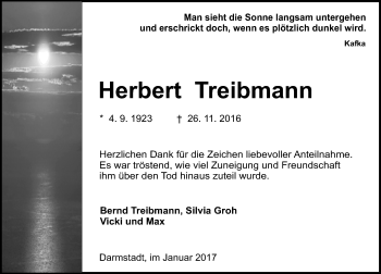 Traueranzeige von Herbert Treibmann von Trauerportal Echo Online