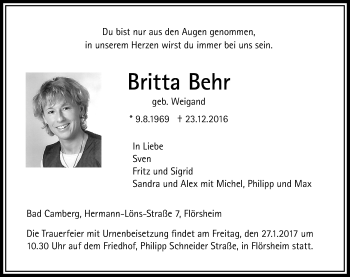Traueranzeige von Britta Behr von  Camberger Anzeiger