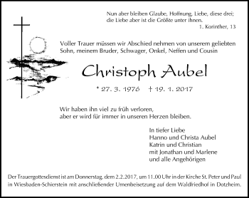 Traueranzeige von Christoph Aubel von Trauerportal Rhein Main Presse