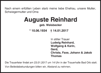 Traueranzeige von Auguste Reinhard von  Gelnhäuser Tageblatt
