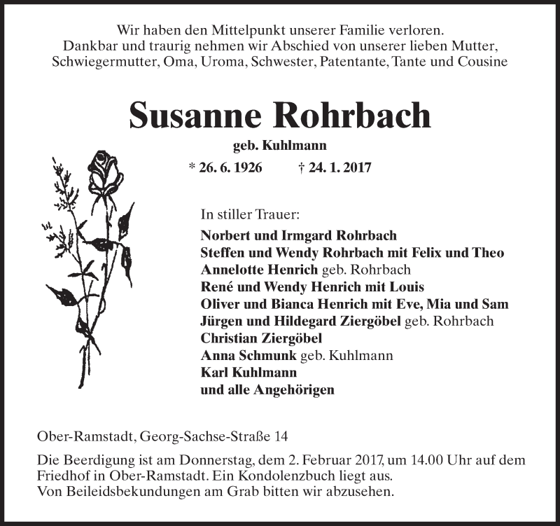  Traueranzeige für Susanne Rohrbach vom 28.01.2017 aus Trauerportal Echo Online