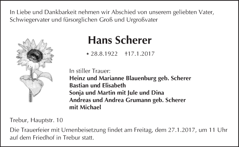  Traueranzeige für Hans Scherer vom 24.01.2017 aus Trauerportal Echo Online