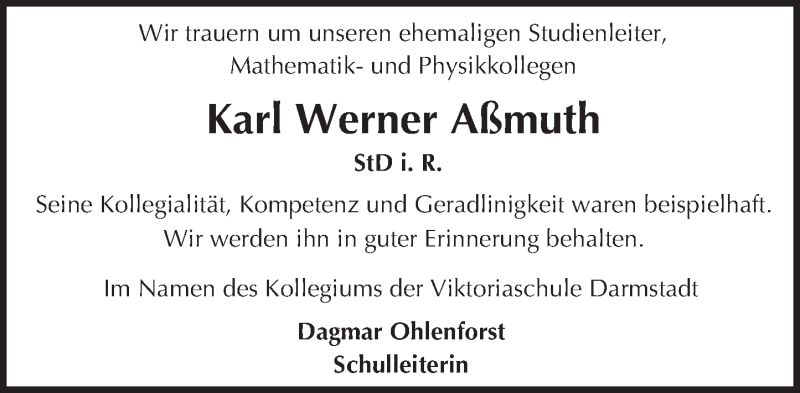  Traueranzeige für Karl Werner Aßmuth vom 11.01.2017 aus Trauerportal Echo Online