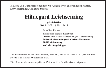 Traueranzeige von Hildegard Leichsenring von Trauerportal Rhein Main Presse