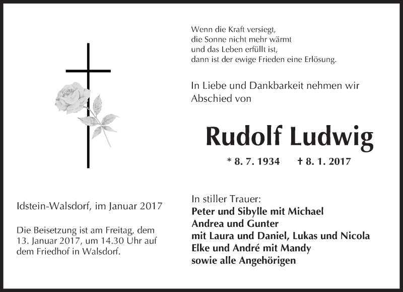  Traueranzeige für Rudolf Ludwig vom 12.01.2017 aus  Camberger Anzeiger