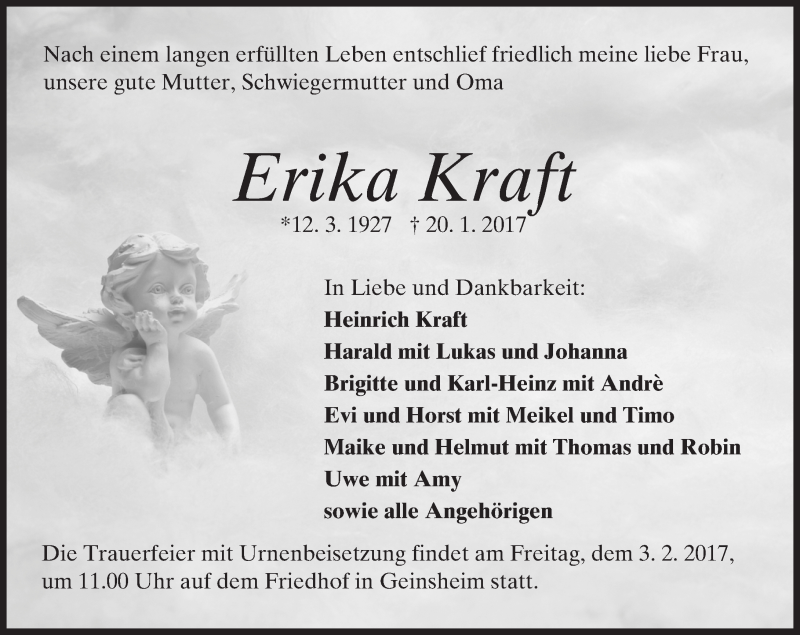  Traueranzeige für Erika Kraft vom 31.01.2017 aus Trauerportal Echo Online