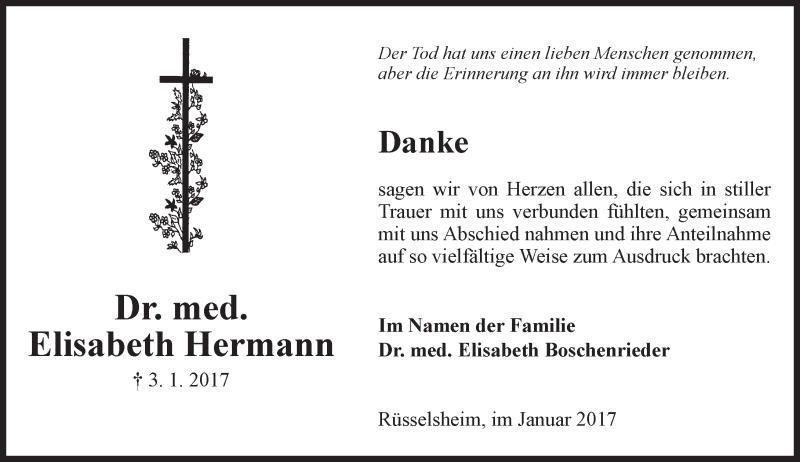  Traueranzeige für Elisabeth Hermann vom 21.01.2017 aus Trauerportal Rhein Main Presse