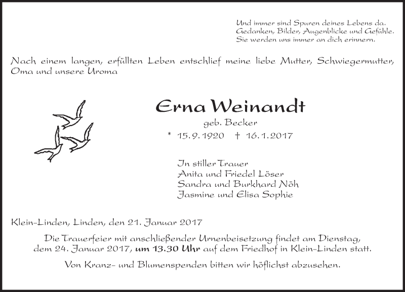  Traueranzeige für Erna Weinandt vom 21.01.2017 aus  Gießener Anzeiger