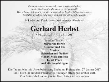 Traueranzeige von Gerhard Herbst von  Kreisanzeiger