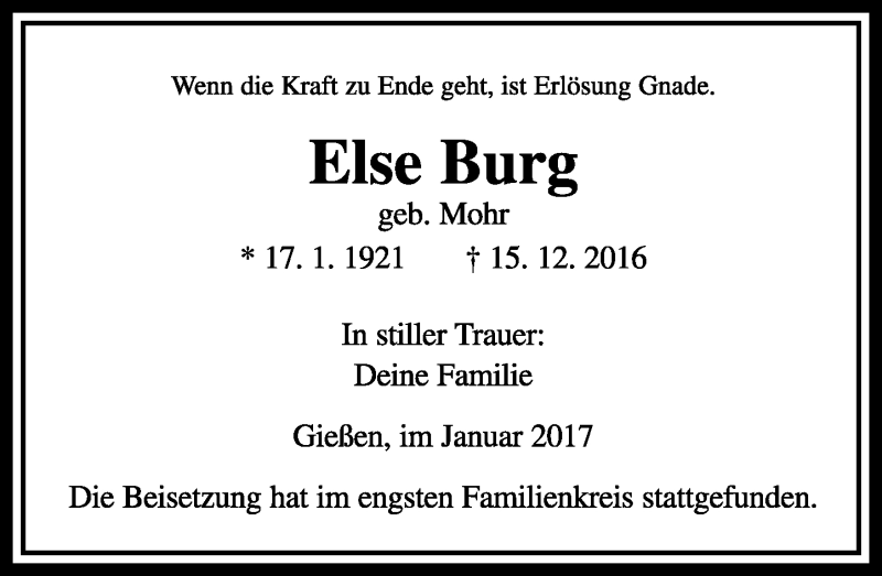  Traueranzeige für Else Burg vom 18.01.2017 aus  Gießener Anzeiger