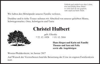 Traueranzeige von Christel Hulbert von Trauerportal Rhein Main Presse