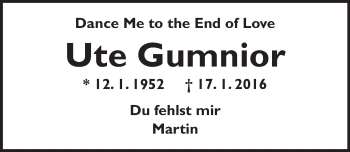 Traueranzeige von Ute Gumnior von Trauerportal Rhein Main Presse