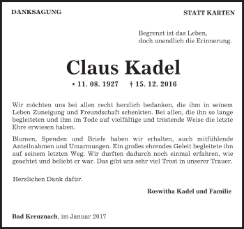 Traueranzeige von Claus Kadel von Trauerportal Rhein Main Presse