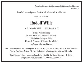 Traueranzeige von Rudolf Wille von Trauerportal Echo Online