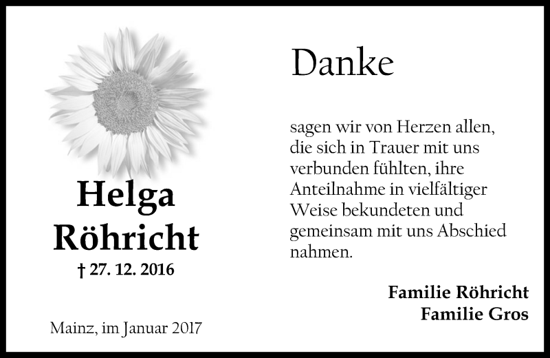  Traueranzeige für Helga Röhricht vom 21.01.2017 aus Trauerportal Rhein Main Presse