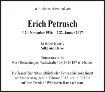 Traueranzeige von Erich Petrusch von Trauerportal Rhein Main Presse
