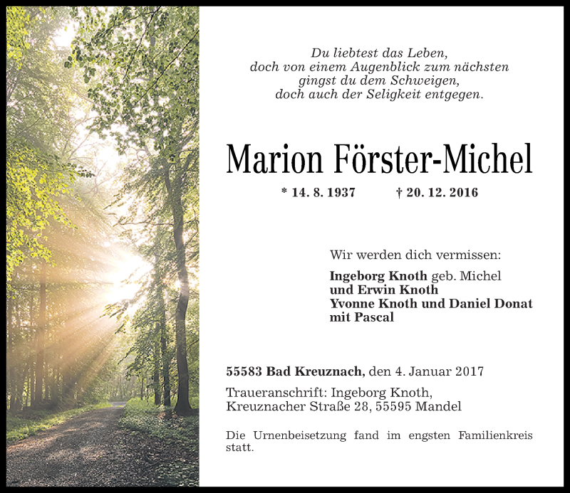  Traueranzeige für Marion Förster-Michel vom 04.01.2017 aus Trauerportal Rhein Main Presse