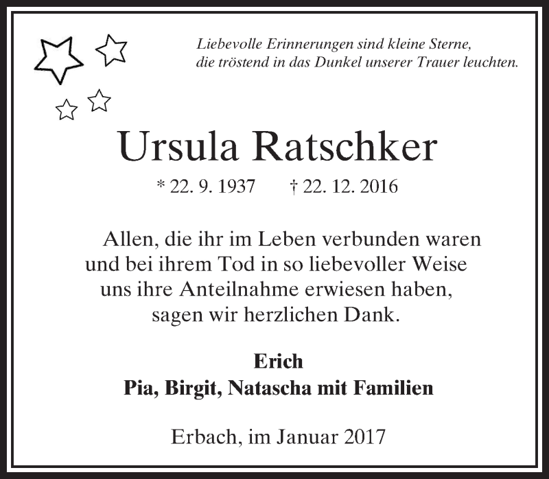  Traueranzeige für Ursula Ratschker vom 19.01.2017 aus  Camberger Anzeiger