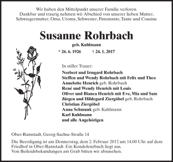 Traueranzeige von Susanne Rohrbach von Trauerportal Echo Online