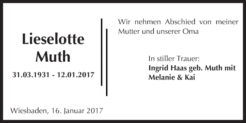  Traueranzeige für Lieselotte Muth vom 18.01.2017 aus Trauerportal Rhein Main Presse