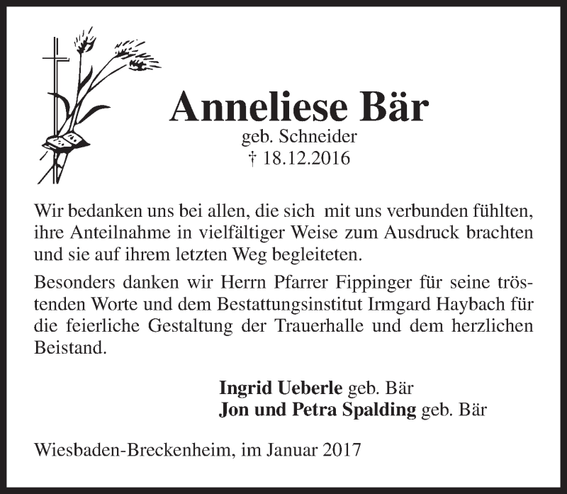  Traueranzeige für Anneliese Bär vom 07.01.2017 aus Trauerportal Rhein Main Presse