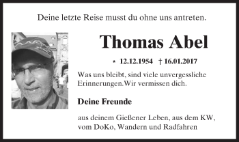 Traueranzeige von Thomas Abel von  Gießener Anzeiger