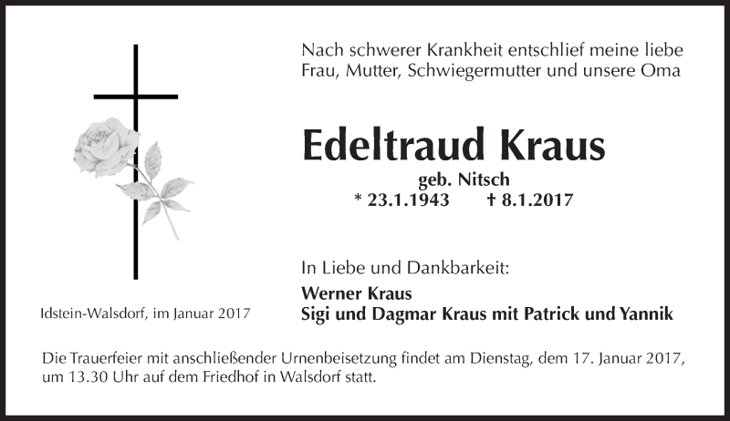  Traueranzeige für Edeltraud Kraus vom 14.01.2017 aus Trauerportal Rhein Main Presse