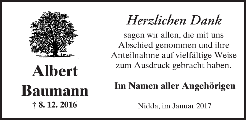  Traueranzeige für Albert Baumann vom 07.01.2017 aus  Kreisanzeiger