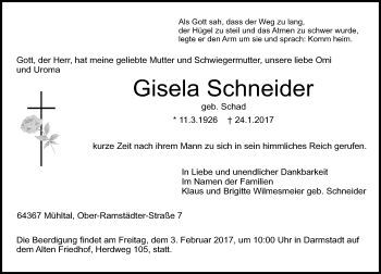Traueranzeige von Gisela Schneider von Trauerportal Echo Online