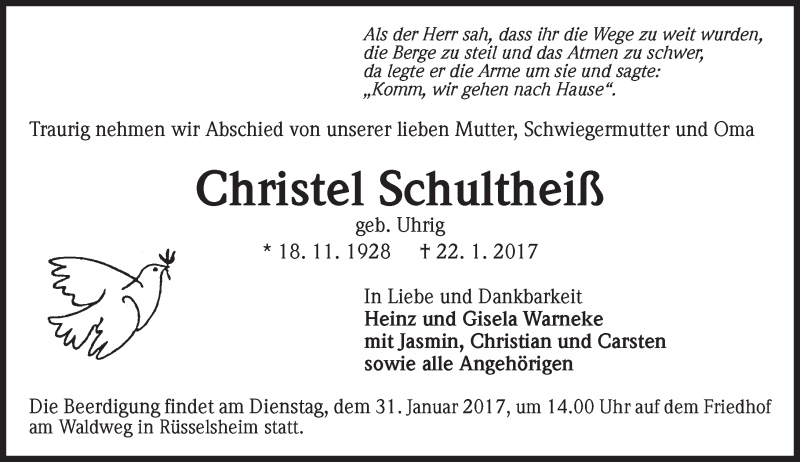  Traueranzeige für Christel Schultheiß vom 28.01.2017 aus Trauerportal Rhein Main Presse